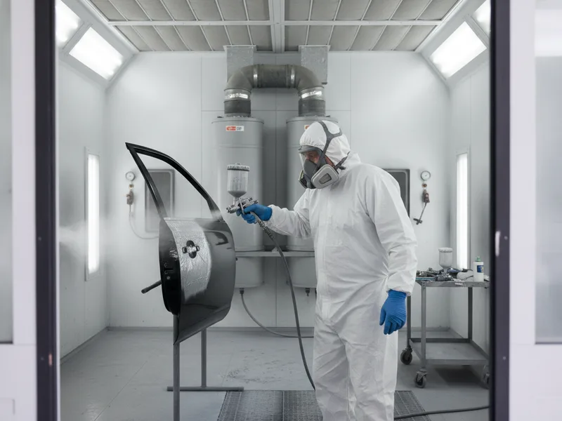 Professional painter spraying a vehicle panel in a controlled Phoenix auto body paint booth.
