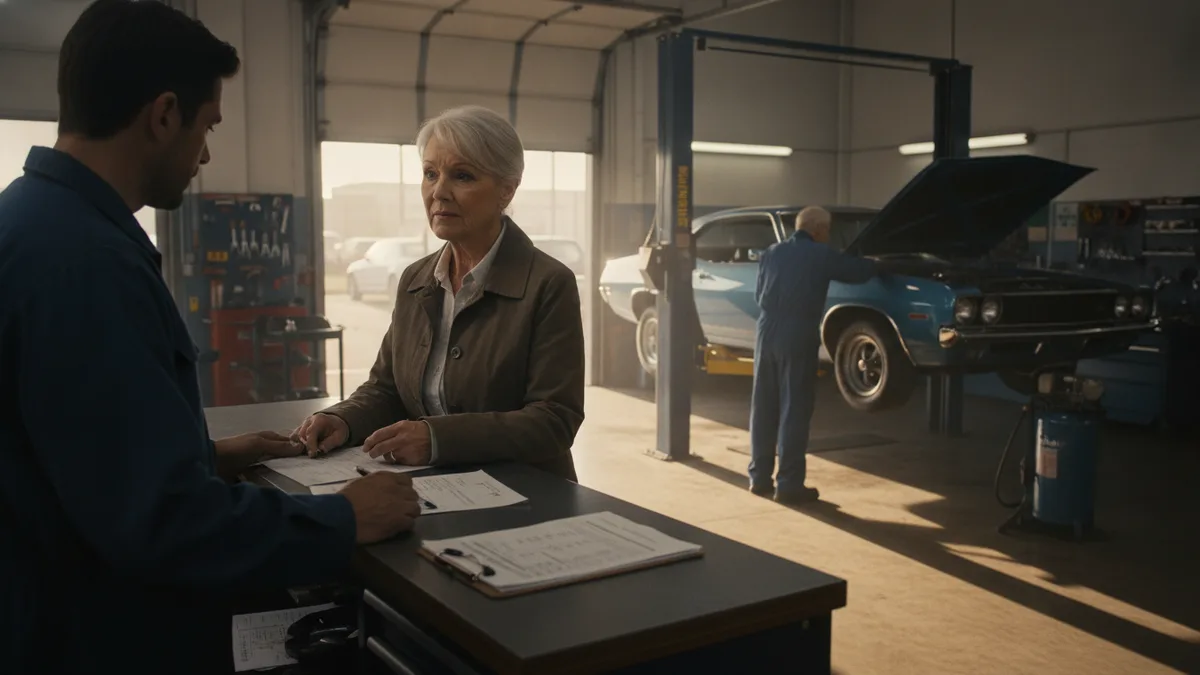 Customer reviewing collision repair estimate paperwork at an auto body shop service counter.