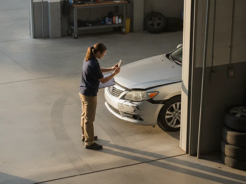 Collision repair technician photographing vehicle damage for written estimate documentation.