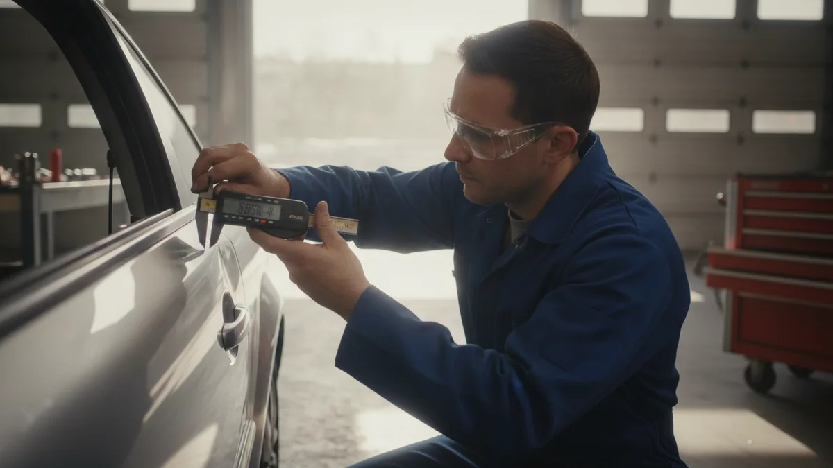 Auto body technician inspecting vehicle damage with precision measurement tools in a professional collision repair shop.