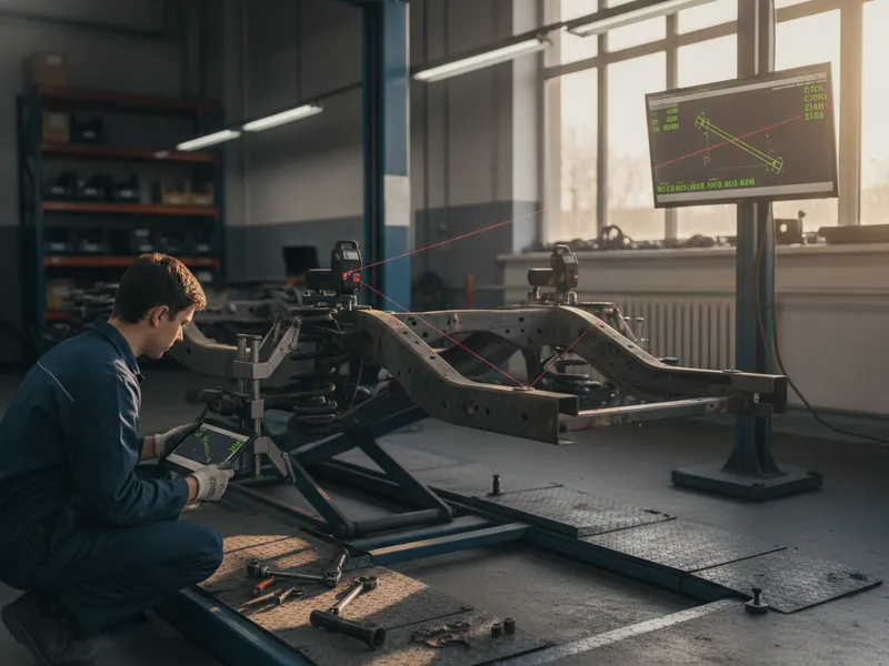 Vehicle frame alignment system with laser measurement technology in a professional collision repair facility.