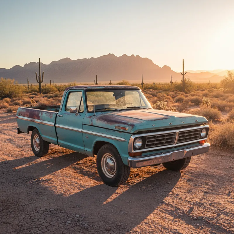 A vehicle parked in bright Phoenix sunlight with visible sun-faded paint and UV damage, set against desert landscape with ...