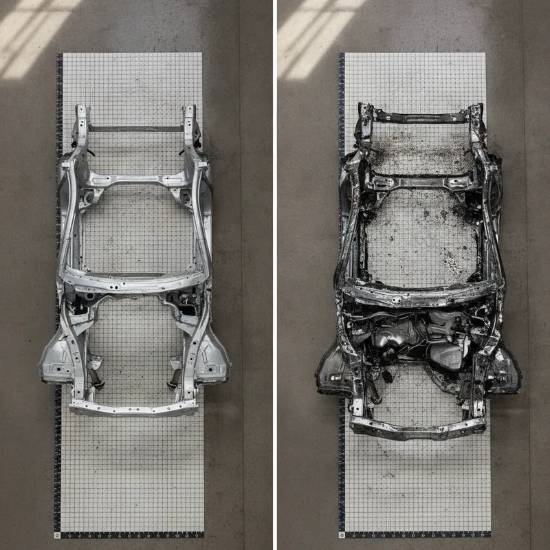 Split-screen comparison: left side shows a vehicle frame with minor dent and bend damage (repairable), right side shows se...