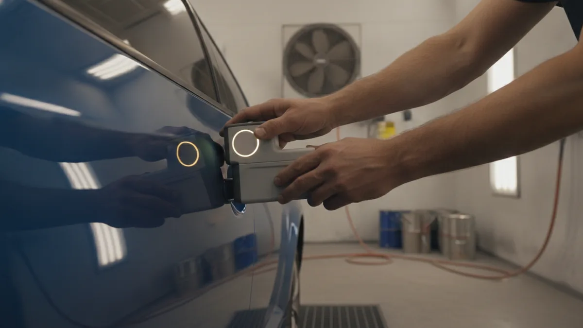 Technician using precision color-matching equipment on a vehicle's paint surface inside an auto body shop.