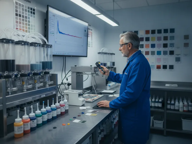 Paint mixing station with computerized color-matching equipment and organized paint inventory in a professional auto body sho