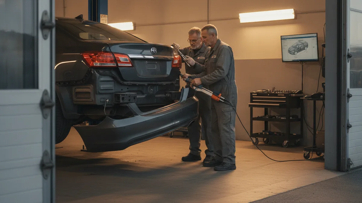 Technician inspecting a damaged rear bumper in a professional auto body repair shop with diagnostic tools and equipment.