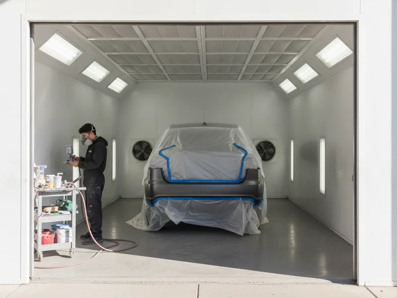 A progression of a rear bumper replacement setup in a climate-controlled auto body paint booth, showing the vehicle elevat...