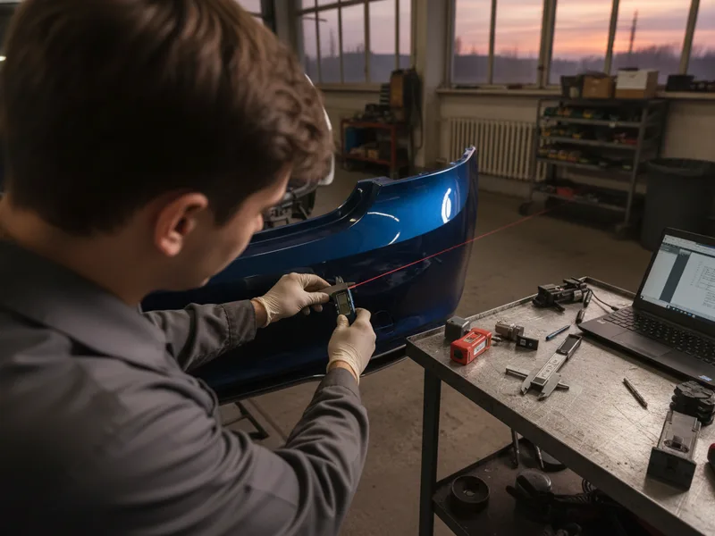 A technician using precision measurement tools and a laser alignment system to check the fitment of a newly installed rear...