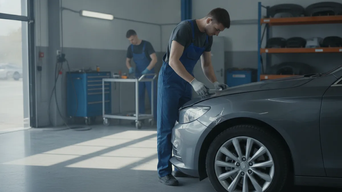 Technician examining a damaged plastic bumper on a vehicle in an auto body shop work bay.