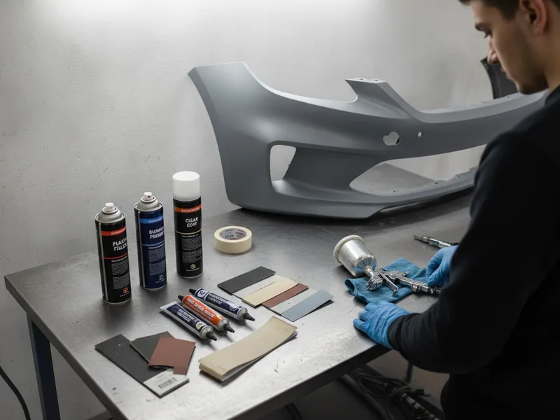 Plastic bumper repair materials and a replacement bumper displayed on a workshop bench.