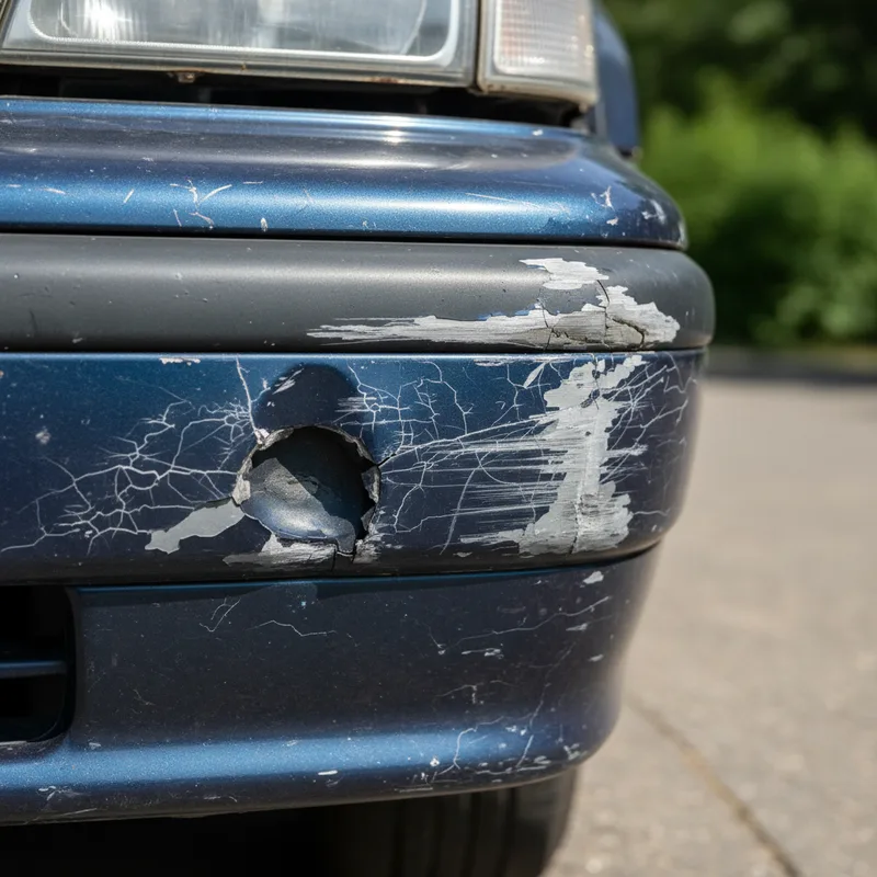 A close-up side view of a vehicle's front bumper with multiple types of damage: cracks, dents, and paint chips visible