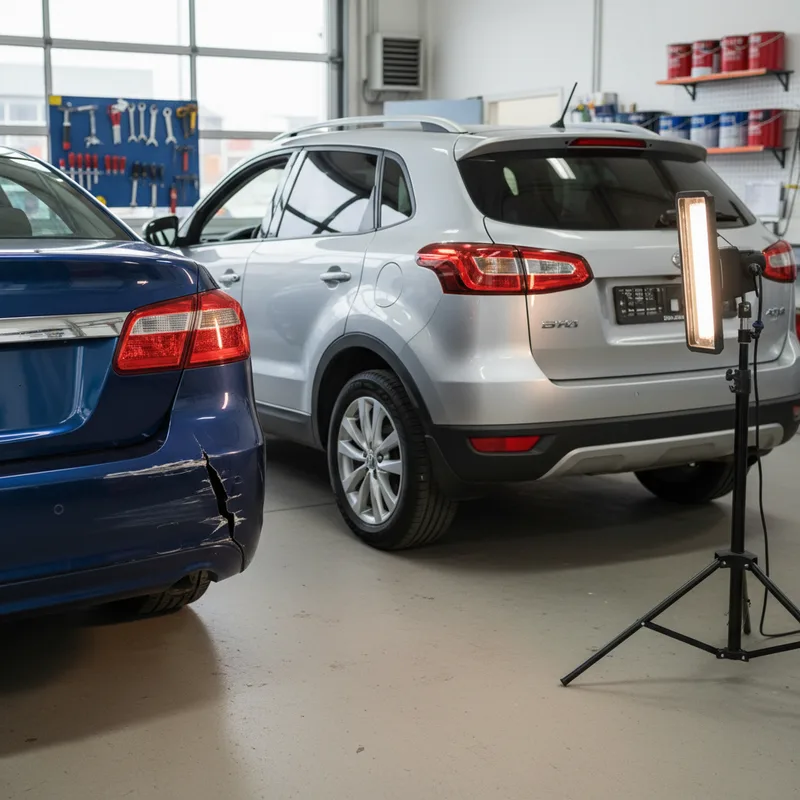 Two vehicles side by side in a shop bay—one with a damaged plastic bumper and one with a professionally repaired bumper th...