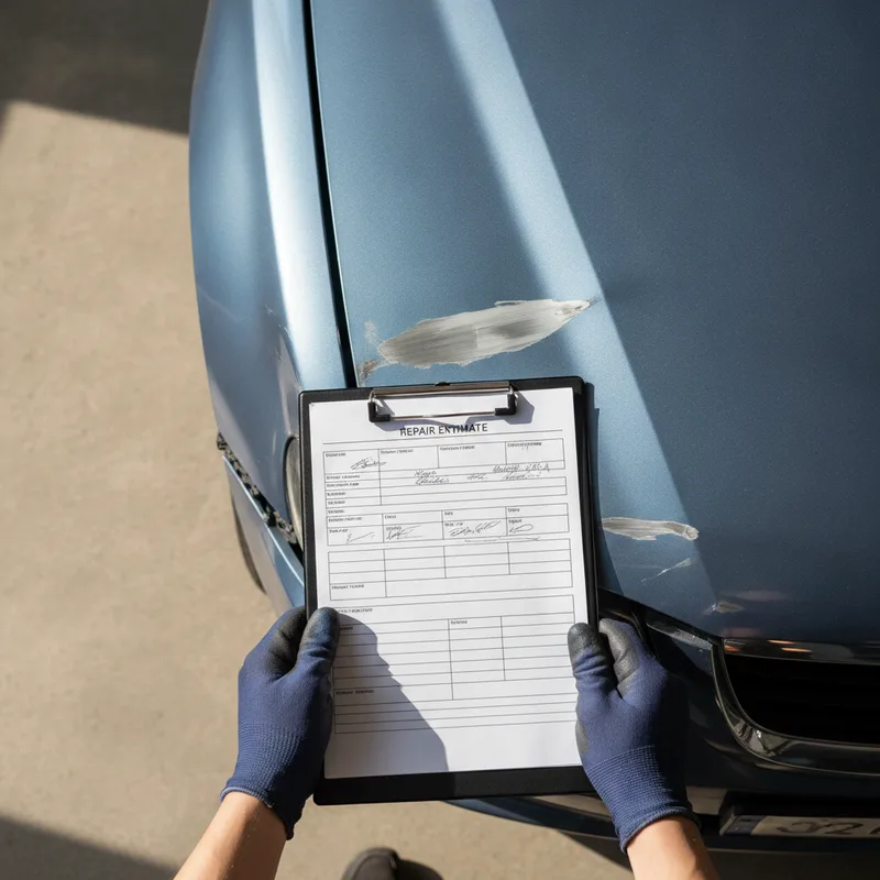 A close-up overhead view of a technician's hands holding a clipboard with a written repair estimate form