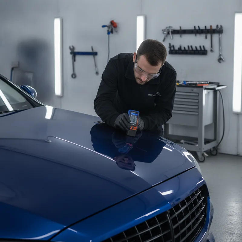 A technician in safety glasses conducting a detailed inspection of a freshly repainted vehicle in the shop, using a paint ...