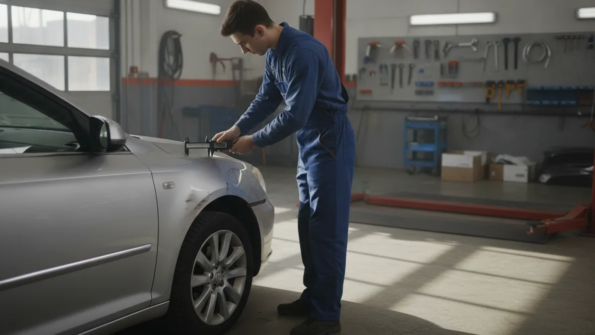 Body shop technician inspecting fender damage on a silver sedan in a Phoenix auto body repair facility.