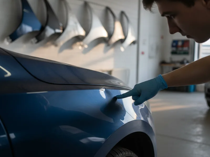 Technician pointing to moderate fender crease damage with replacement panel options visible behind.
