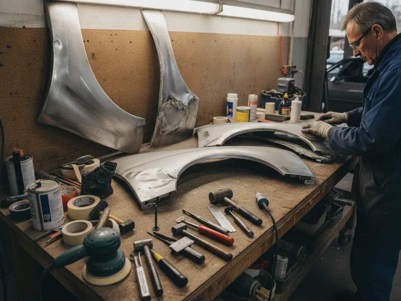 Array of damaged fender panels and professional repair tools displayed on a body shop workbench.