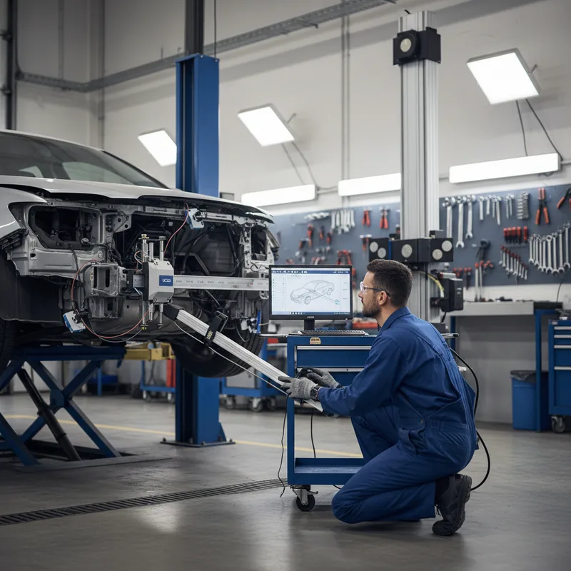 A certified technician using a frame alignment measuring system on a vehicle in a repair bay, precision measuring equipmen...