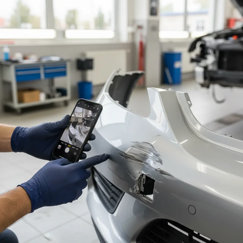 Technician inspecting a damaged bumper with a smartphone, documenting the damage with photos