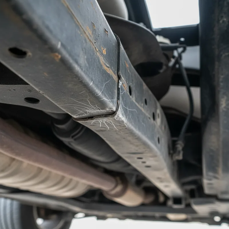 Close-up detail of frame damage on a vehicle's side rail, showing deformation and misalignment