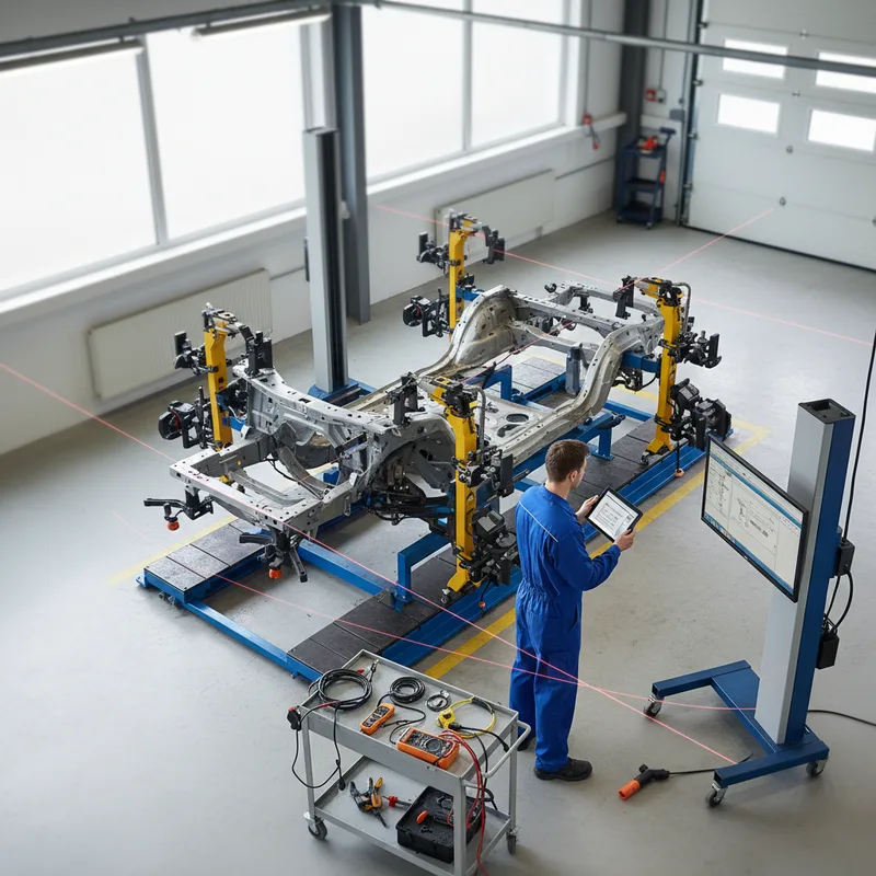 Technician using frame alignment equipment on a vehicle frame in a repair bay, with diagnostic tools and measurement syste...