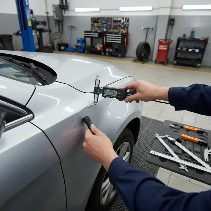 Mechanic using assessment tools to measure fender damage, examining the panel with precision measuring gauge in a professi...