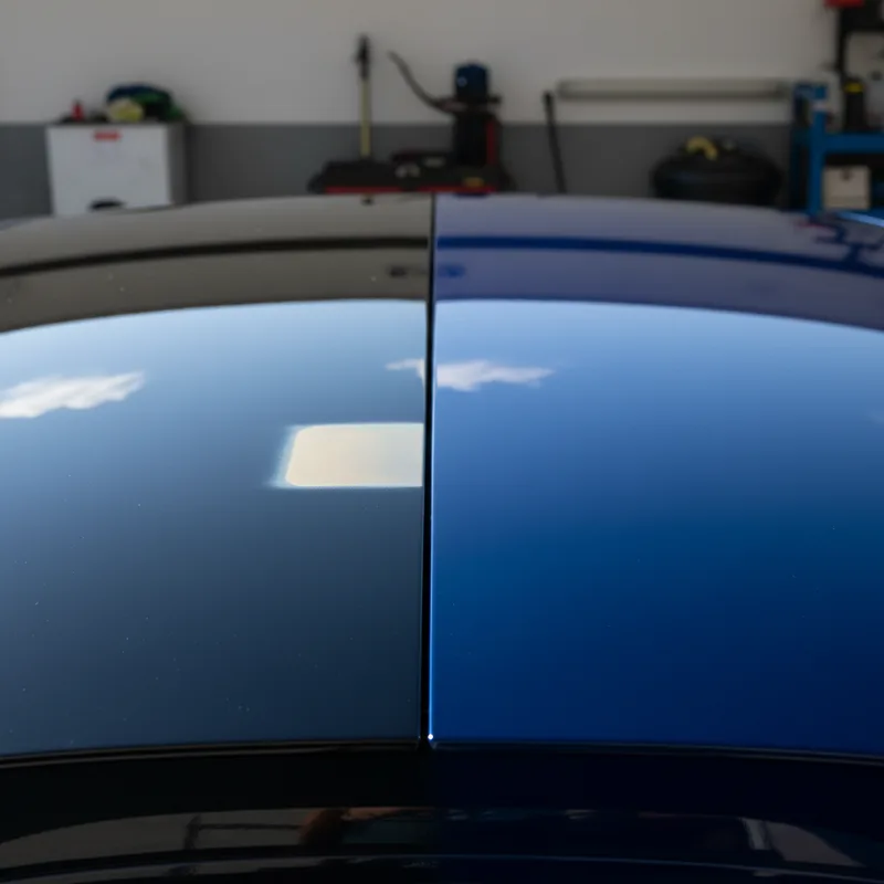 Split-screen comparison showing a mismatched paint repair on one side (color variation visible in sunlight) and a perfectl...