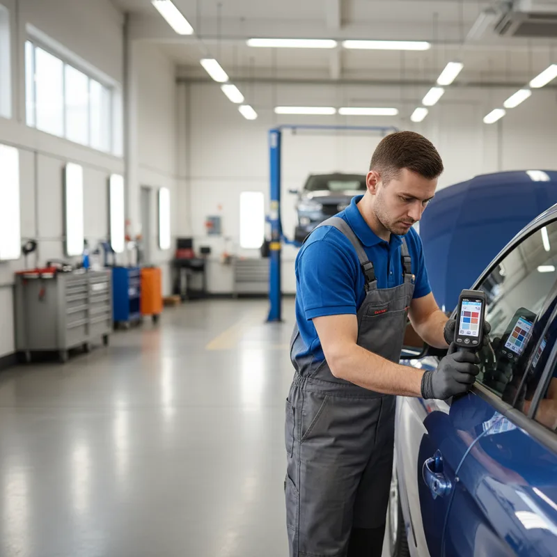 Technician using a handheld spectrophotometer device against a vehicle's undamaged panel in a well-lit collision repair fa...