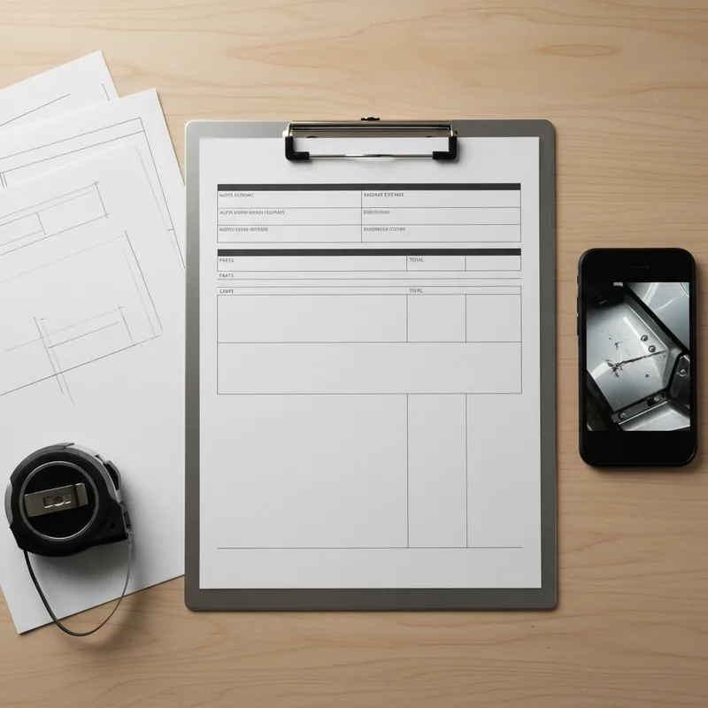 Close-up overhead shot of a technician's clipboard with an auto body repair estimate form, next to scattered notes, measur...