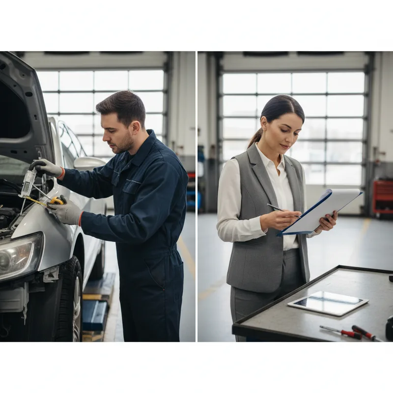 Side-by-side comparison showing a technician in the shop bay inspecting a damaged fender with measurement tools, while a c...
