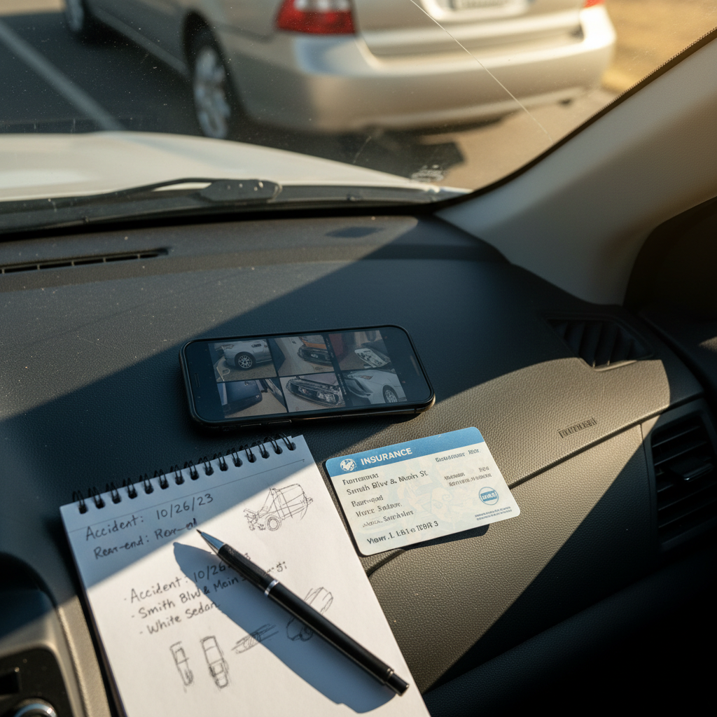 A realistic, overhead-view photograph showing documentation materials spread on a dashboard: a smartphone displaying damage photos, an insurance card, a notepad with handwritten accident details, and a pen. The background shows a slight view of a minor collision damage on a vehicle, set during daytime with Phoenix sunlight streaming through a car window.