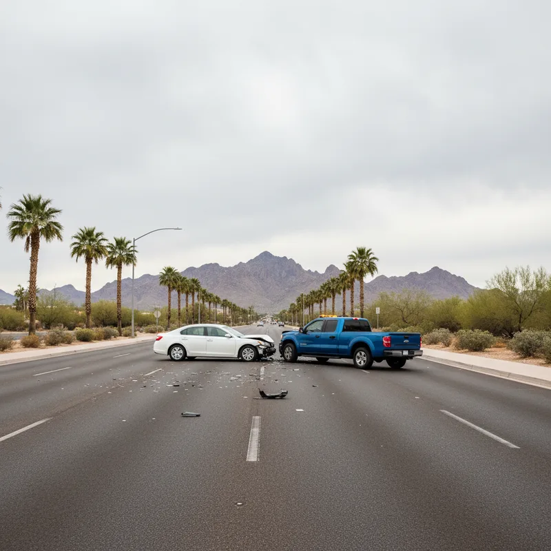 A Phoenix street scene during daytime showing a minor two-vehicle collision scenario with hazard lights visible, debris on...