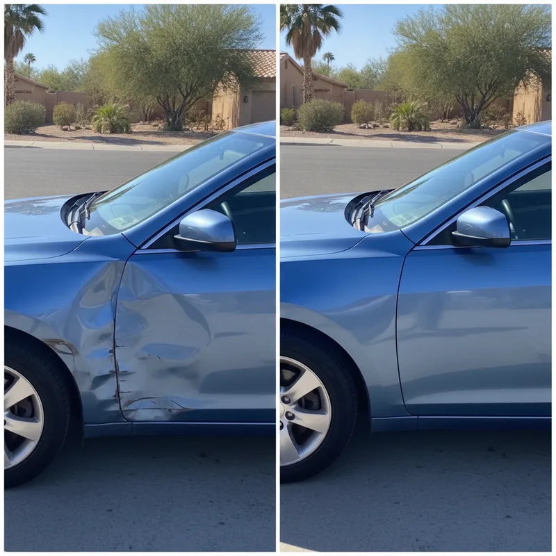 A side-by-side comparison showing a vehicle with visible dent damage in Phoenix sunlight, then the same vehicle after prof...