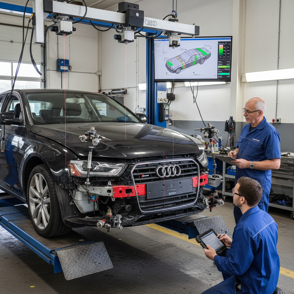 A realistic image of a frame measurement system in use, showing laser measurement equipment or a jig system detecting frame misalignment on a vehicle. The photo should capture the precision tools and data display, with a technician reviewing measurements to document the extent of structural damage.
