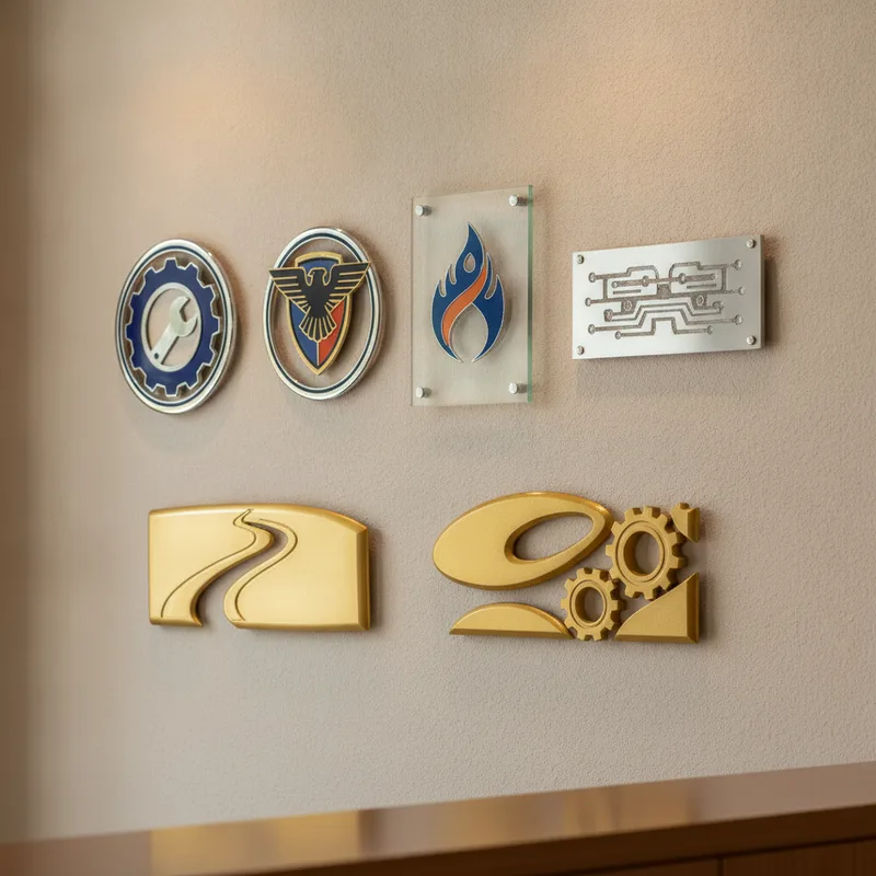 A close-up view of insurance company logos and DRP certification badges displayed on a shop wall or window