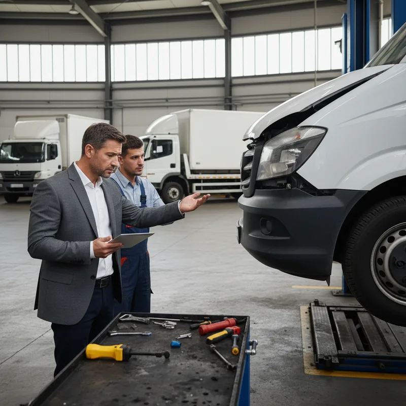 A fleet manager or business owner checking a damaged commercial vehicle in a repair shop, showing concern or reviewing dam...