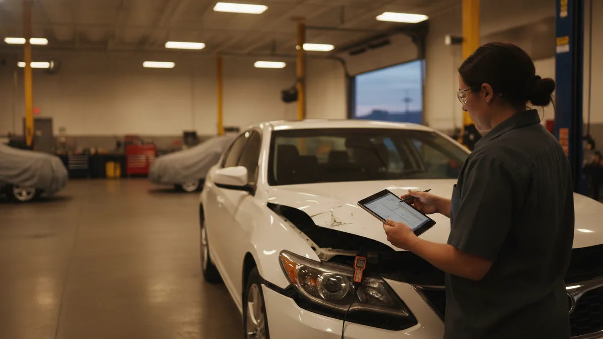 Auto body estimator examining a damaged vehicle with tablet and measurement tools in a Phoenix collision repair shop.