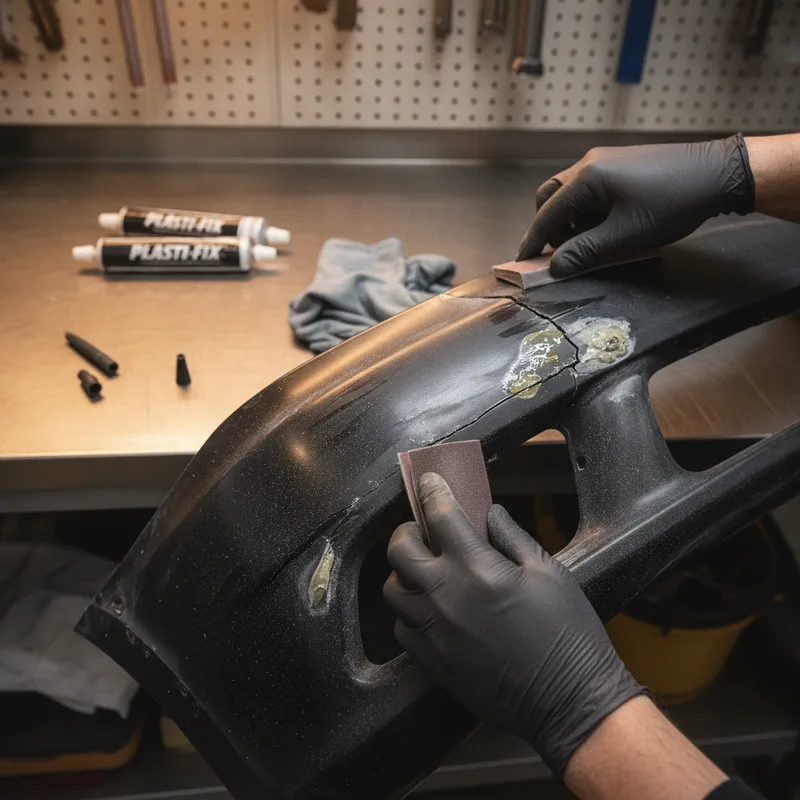 Mechanic using specialized epoxy adhesive and sandpaper on a cracked plastic bumper in a professional body shop, warm work...