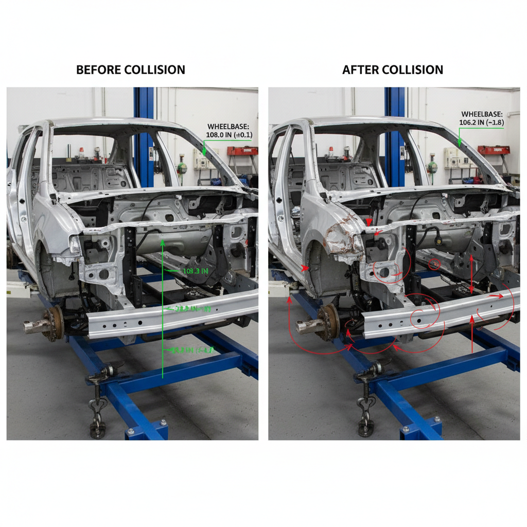 A split-screen comparison showing a vehicle's frame geometry before and after collision damage. One side displays a properly aligned frame with correct measurements highlighted. The other side shows the same frame with visible bending, misalignment angles, and stress points marked in red. Include measurement callouts showing the deviation from factory specifications. Keep the style technical but accessible, showing why precision matters.