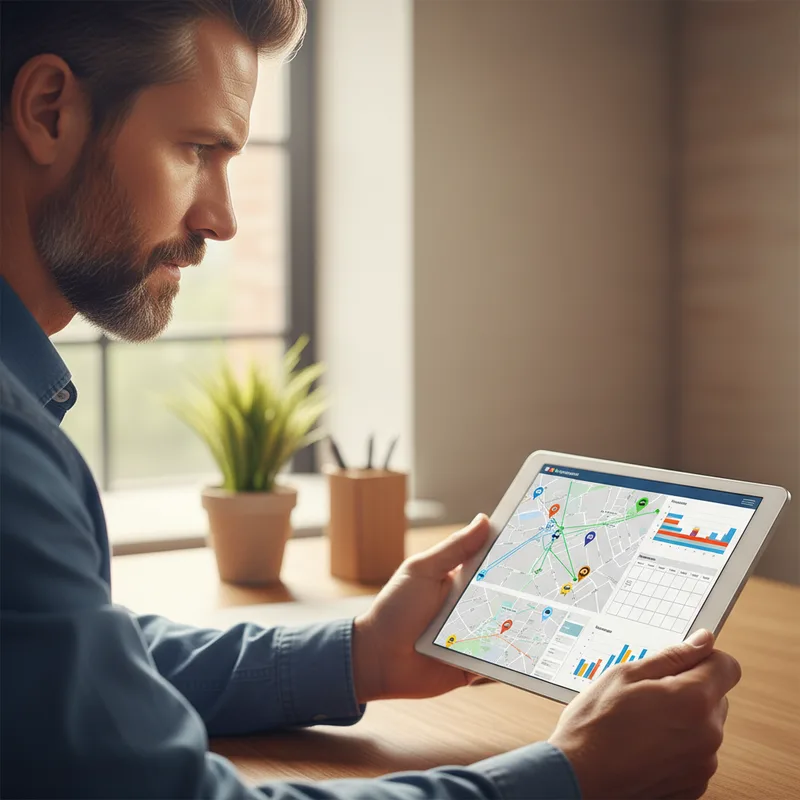 Close-up of a business fleet manager reviewing a tablet showing vehicle tracking and maintenance schedules in an office se...