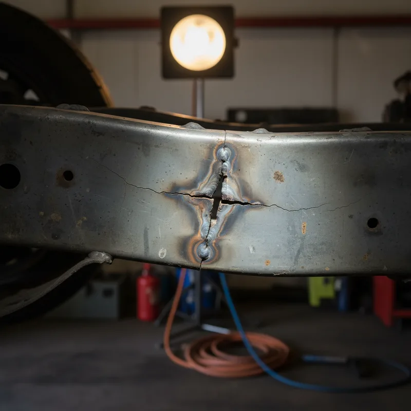 Close-up detail of a vehicle's structural frame showing stress cracks and misalignment, workshop lighting with focus on th...
