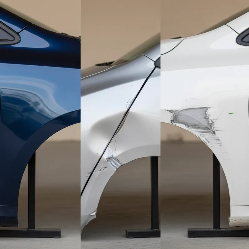 A comparison display showing three vehicle fenders: one with a small dent, one with a crease, and one with paint damage, a...