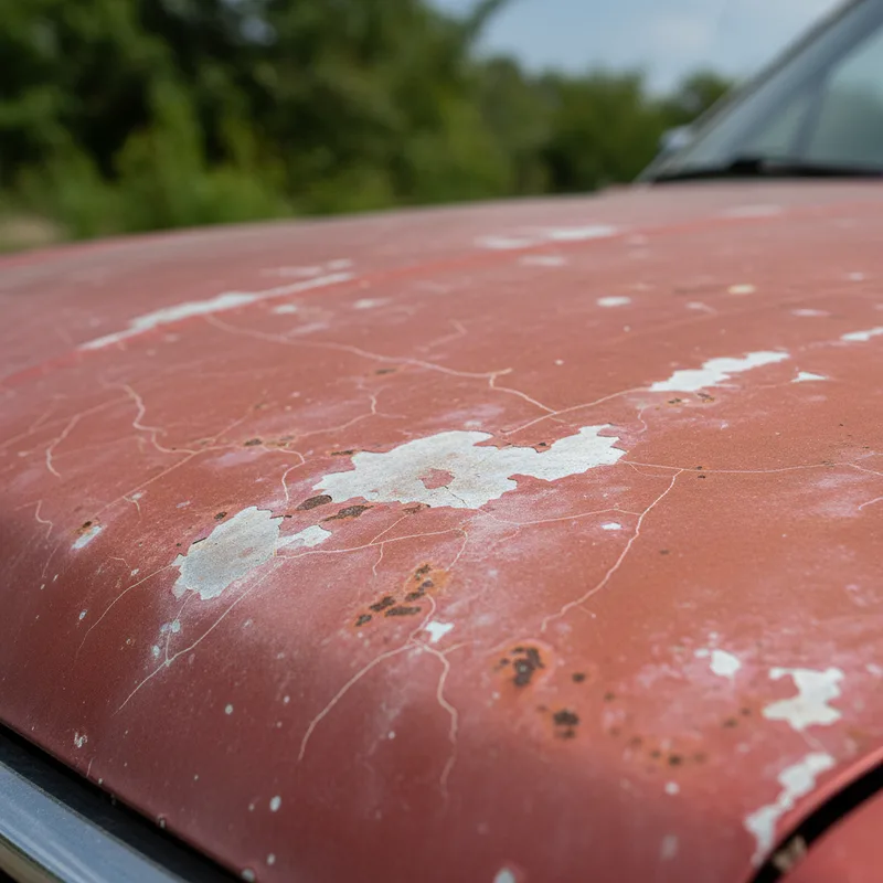 Close-up detail of a vehicle's painted surface showing oxidation, fading, and color wear, photographed in natural daylight...