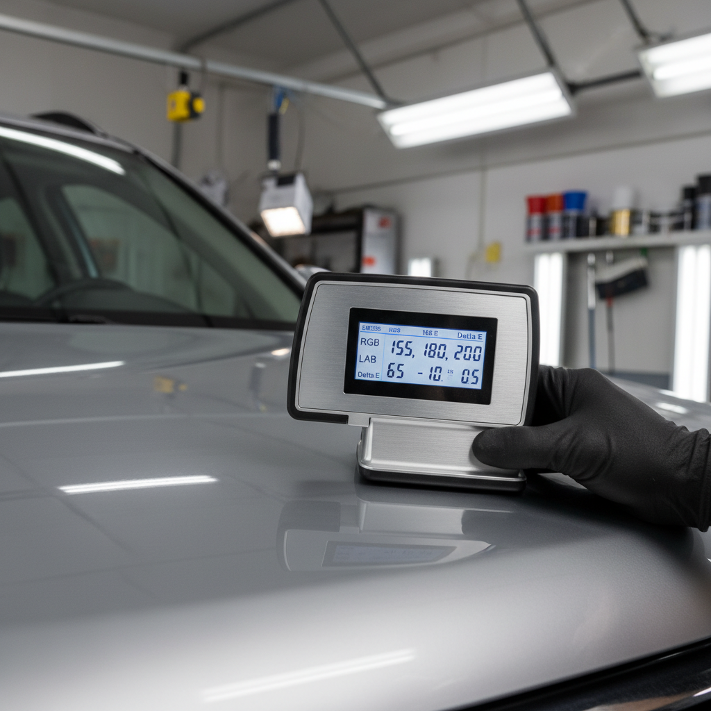A realistic workshop photograph showing a digital spectrophotometer device positioned against a vehicle's painted panel, with a clear view of the device's digital screen displaying color values (RGB, LAB, or Delta E measurements). The image should show the technician's hand stabilizing the device, proper lighting setup with workshop fixtures, and both the damaged/repaired area and an untouched factory panel in the frame to show the comparison process.