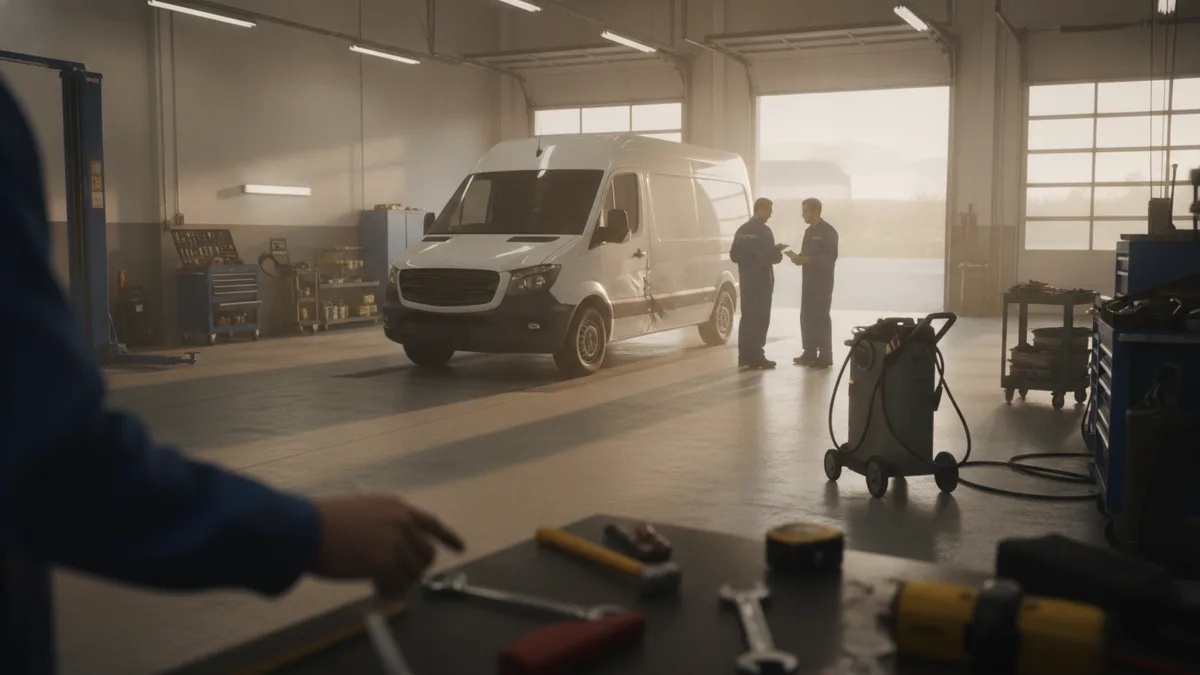 Commercial delivery van in a Phoenix body shop bay with technicians assessing damage