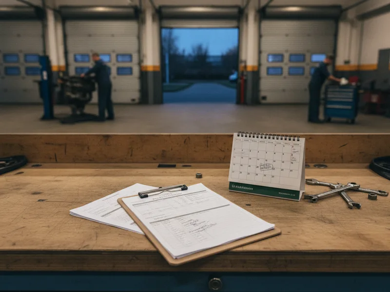 Fleet repair documentation and scheduling materials on a workbench in a body shop