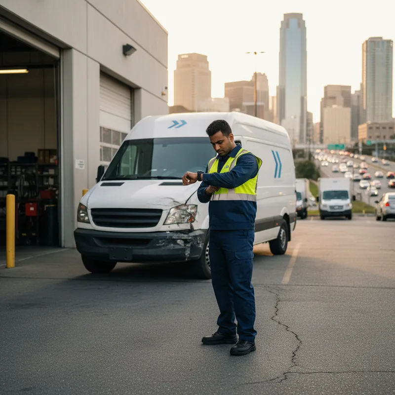 A commercial delivery driver checking their watch next to a damaged commercial van parked outside a repair facility, with ...