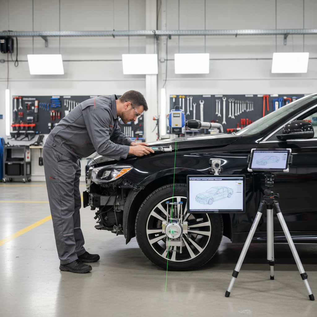A realistic image showing a trained technician examining frame damage using precision measurement tools and laser alignment systems. Include digital displays and measurement points visible on the vehicle, demonstrating professional diagnostic work in a well-lit collision repair facility.