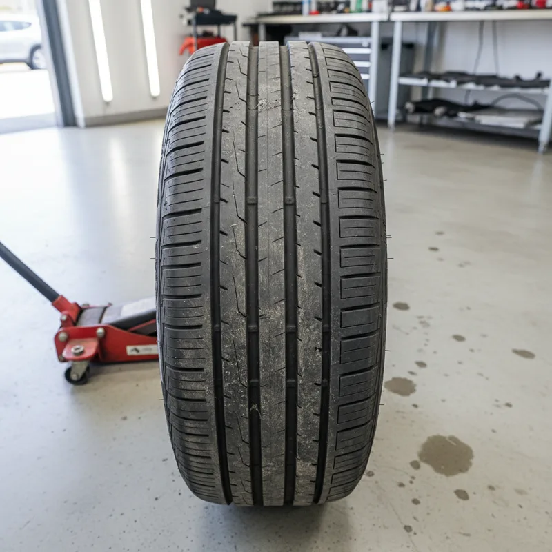 Overhead shot of a vehicle tire showing uneven wear patterns on the tread, worn inner edge visible, tire mounted on wheel ...