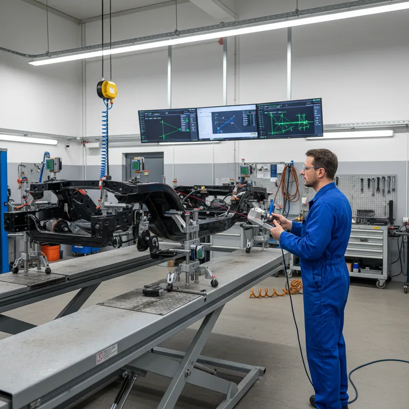 Technician using laser measurement tools on a vehicle frame positioned on an alignment rack, multiple measurement points b...
